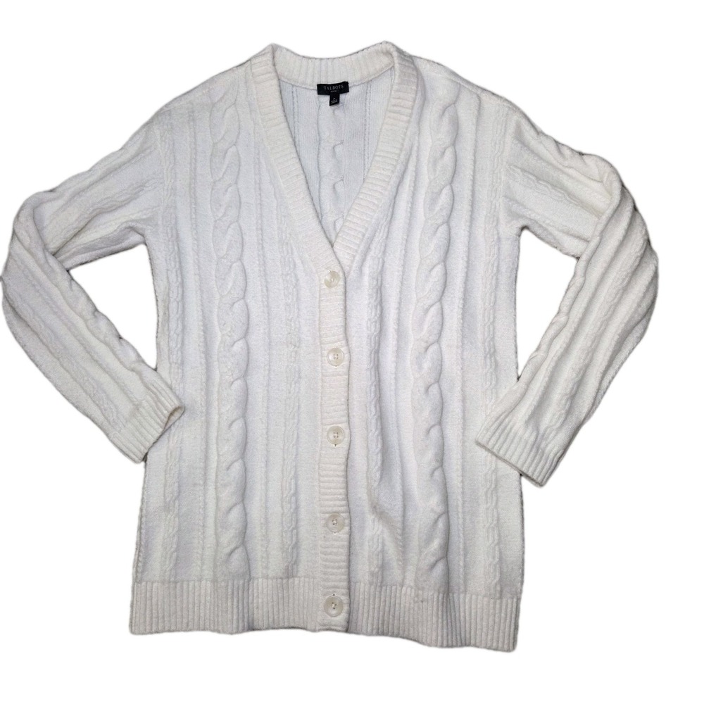 Talbots Petite Ivory Cable Knit Cardigan Womens Button Front‎ Sweater Size P